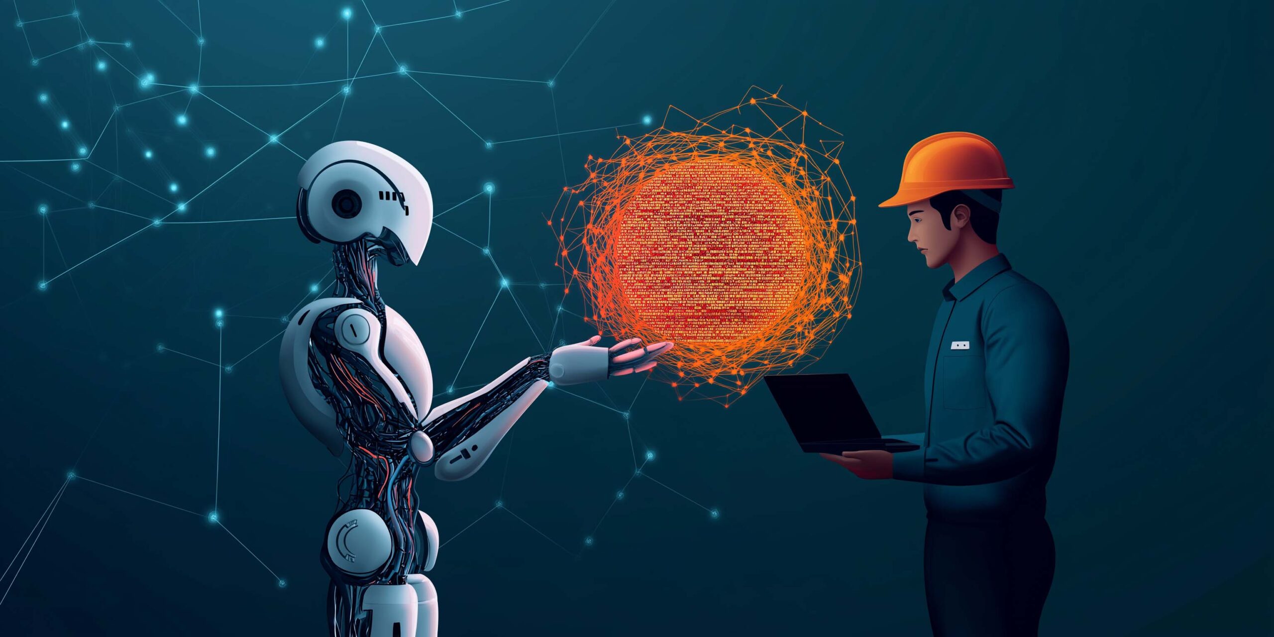 An AI robot passing a glowing but tangled ball of code to a human engineer who is wearing a hard hat or holding a laptop. Symbolizes promising output with hidden complexity.