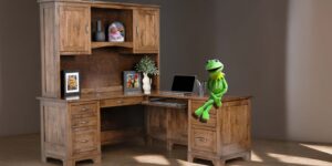 My son's Kermit the Frog puppet, badly photoshopped onto an executive desk.