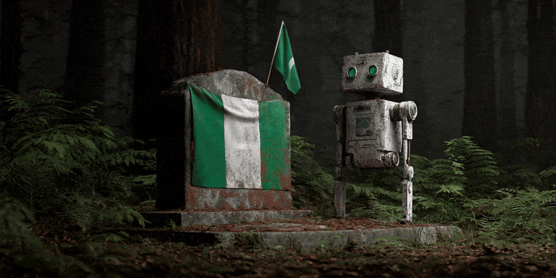 A robot walking on a Nigerian Prince's Grave