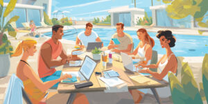 A group of diverse executives at a modern lakeside Airbnb, gathered around a picnic table with laptops and notepads, some in swimsuits with towels over their shoulders, others holding coffee or cocktails. A swimming pool and pickleball court in the background, with a Nintendo Switch and cocktail shaker on the table.