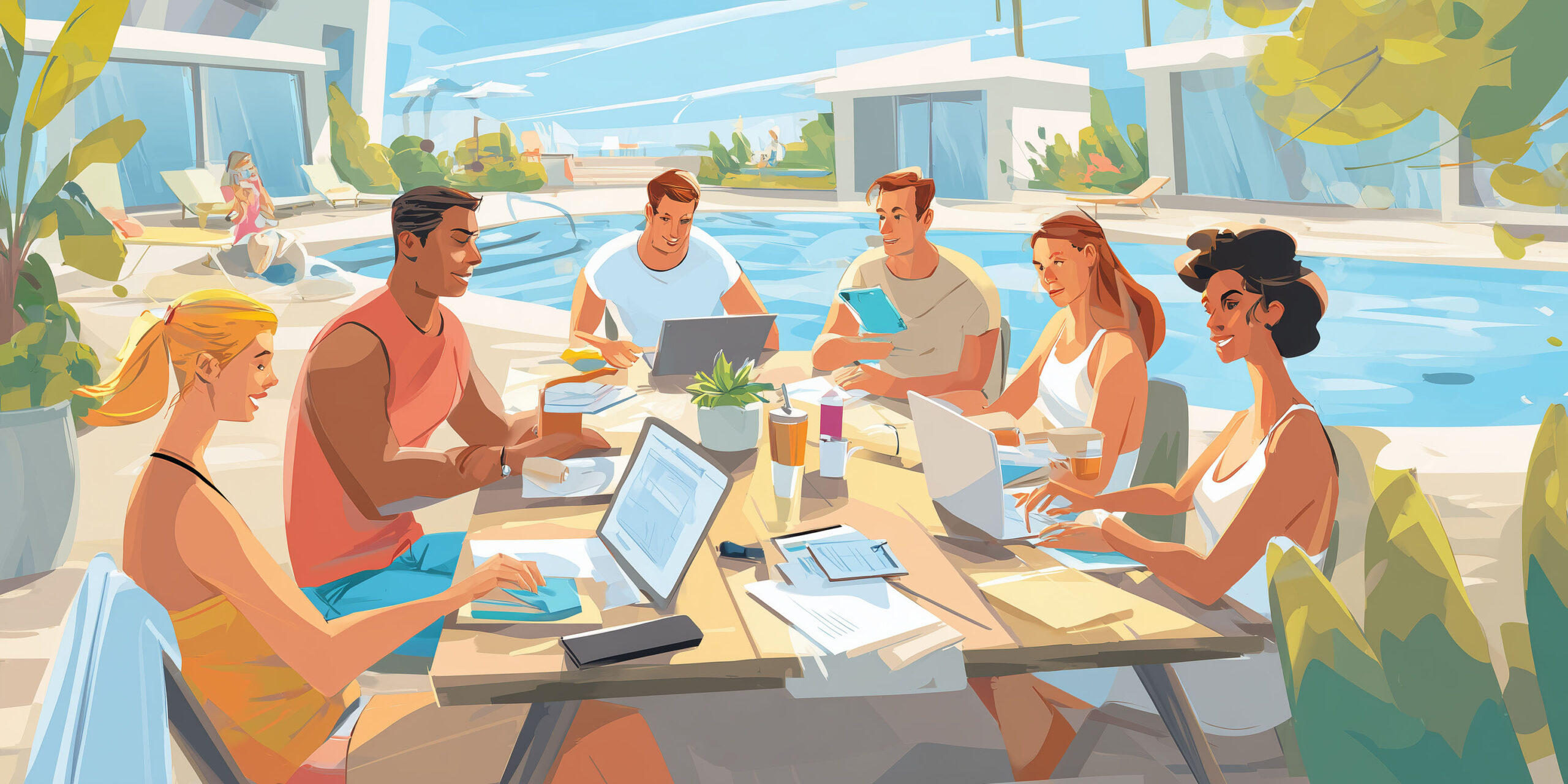 A group of diverse executives at a modern lakeside Airbnb, gathered around a picnic table with laptops and notepads, some in swimsuits with towels over their shoulders, others holding coffee or cocktails. A swimming pool and pickleball court in the background, with a Nintendo Switch and cocktail shaker on the table.