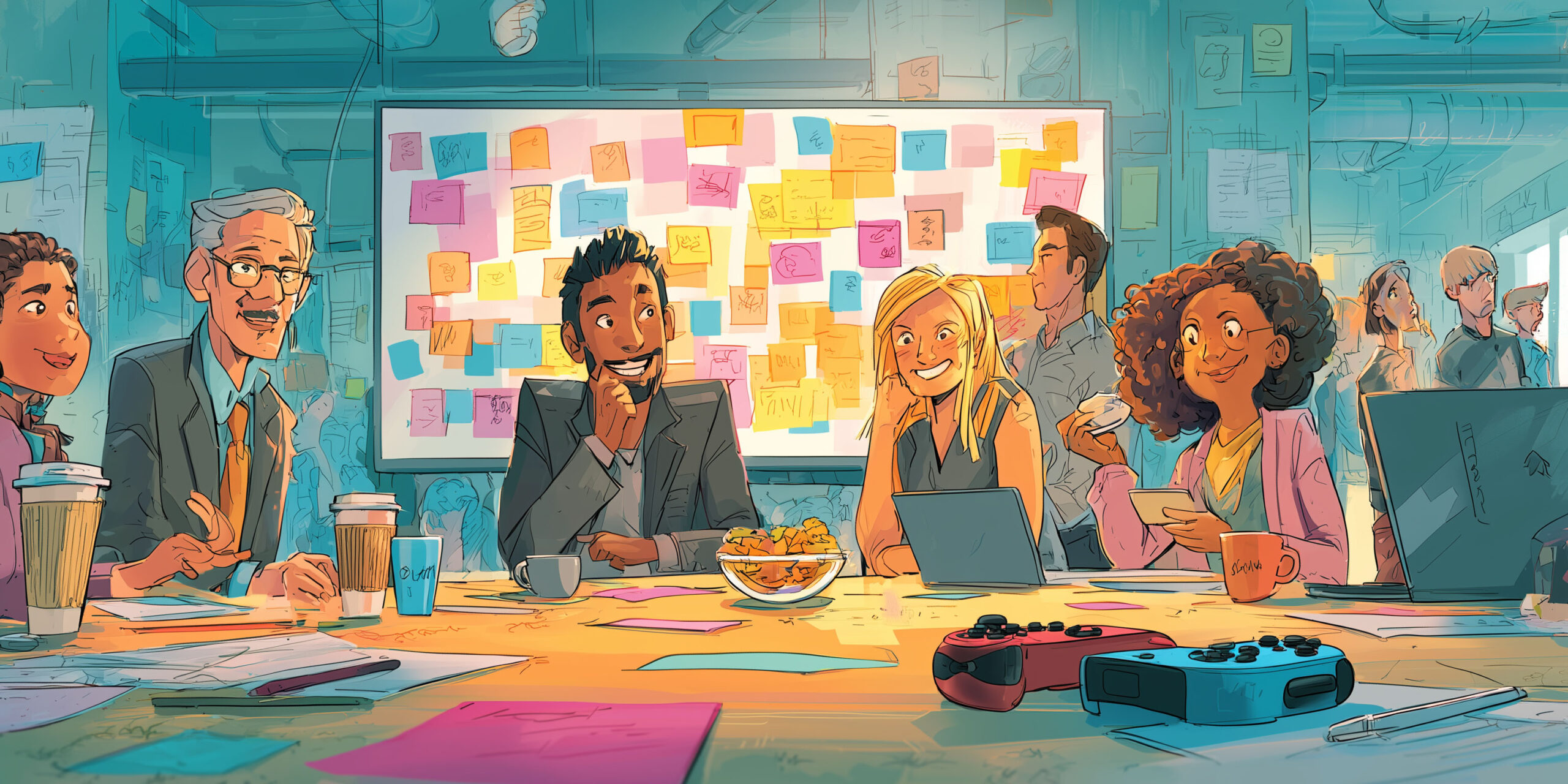 A diverse group of executives in a modern, creative workspace, gathered around a large digital whiteboard filled with colorful sticky notes. Some people are brainstorming with markers in hand, others laughing with coffee cups.