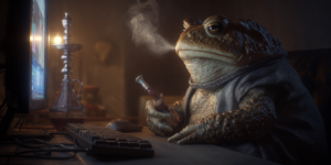 A toad, up late at night, looking at a laptop, smoking a hookah