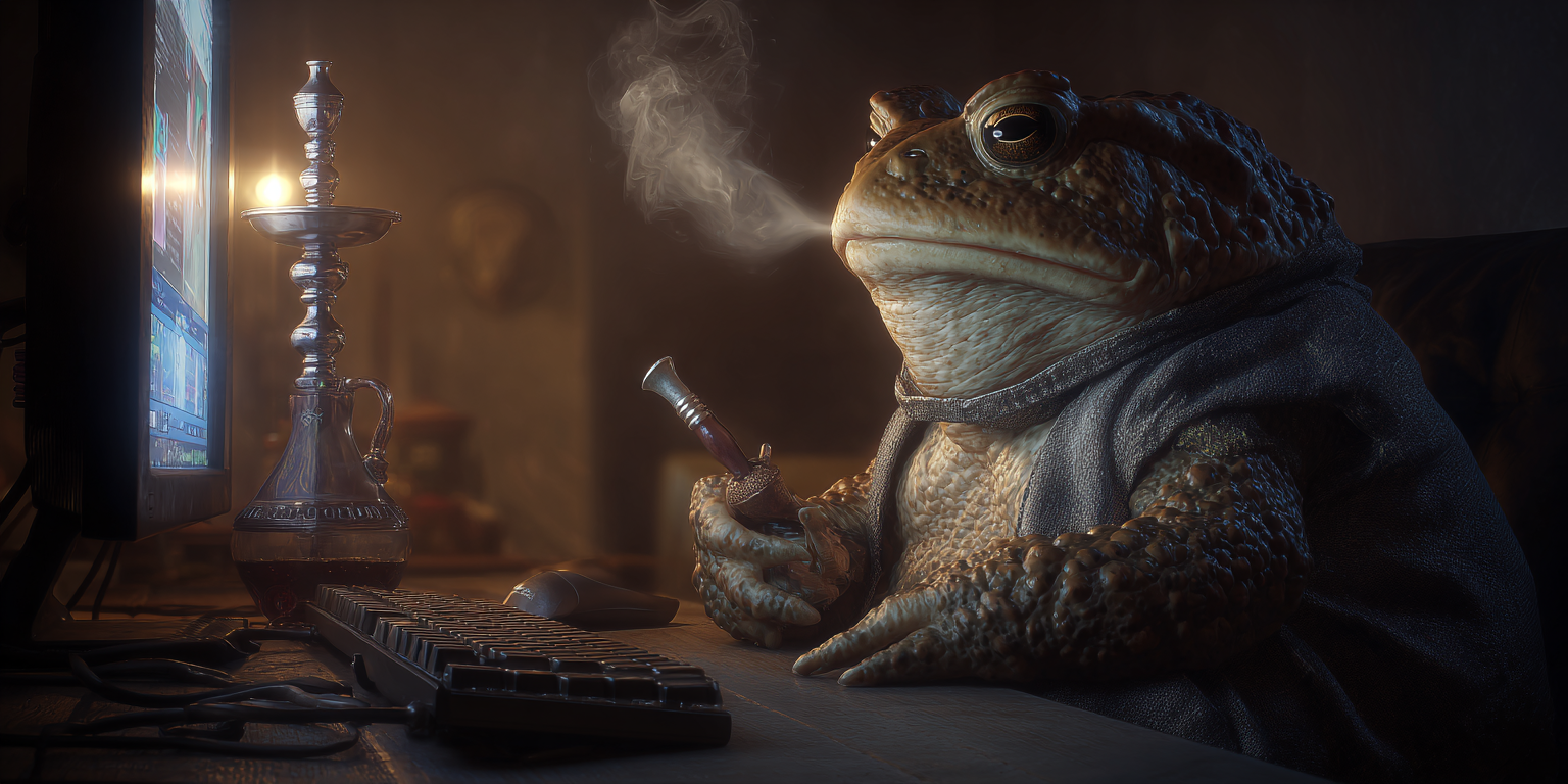 A toad, up late at night, looking at a laptop, smoking a hookah