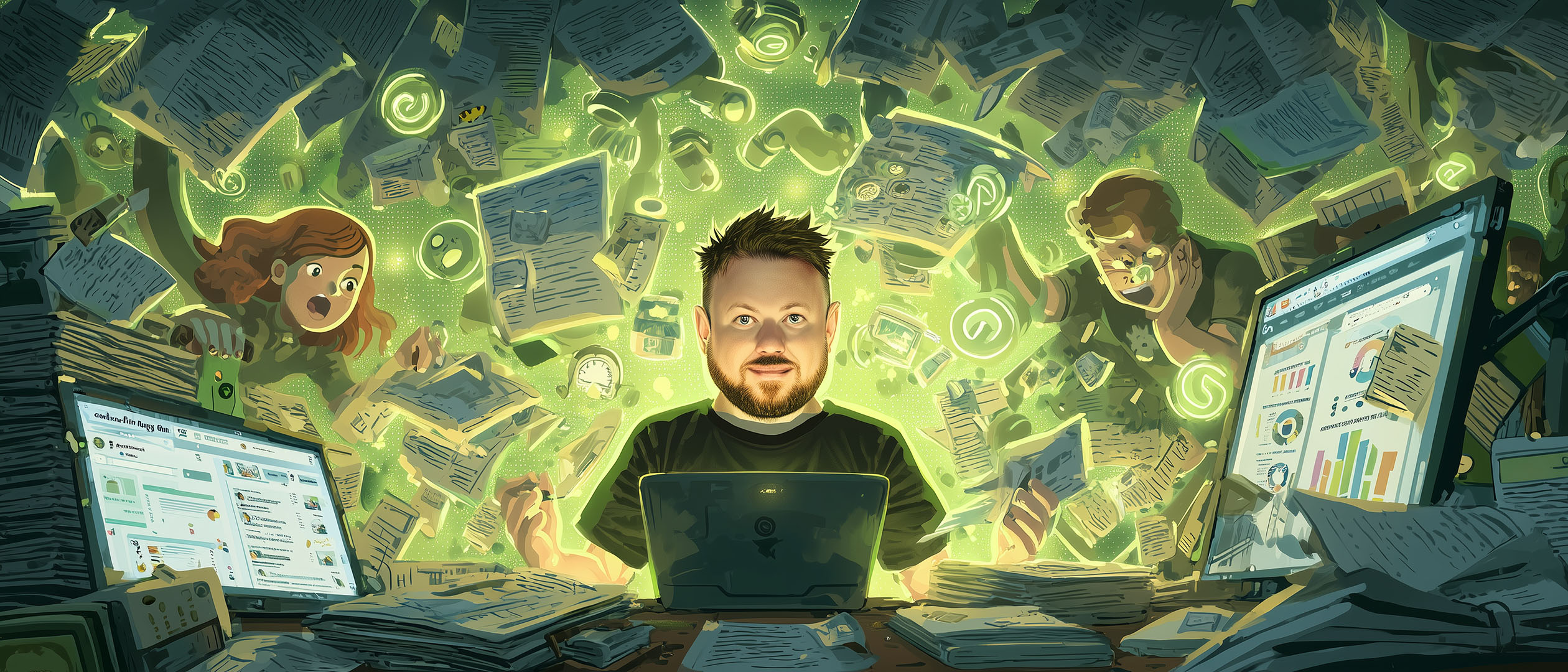 Greg surrounded by AI assistants