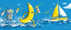 An image of an anthropomorphized banana, a robot, and a sailboat, fighting with paintbrushes