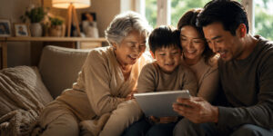Mom and dad with a little kid looking at an iPad, with grandma watching over