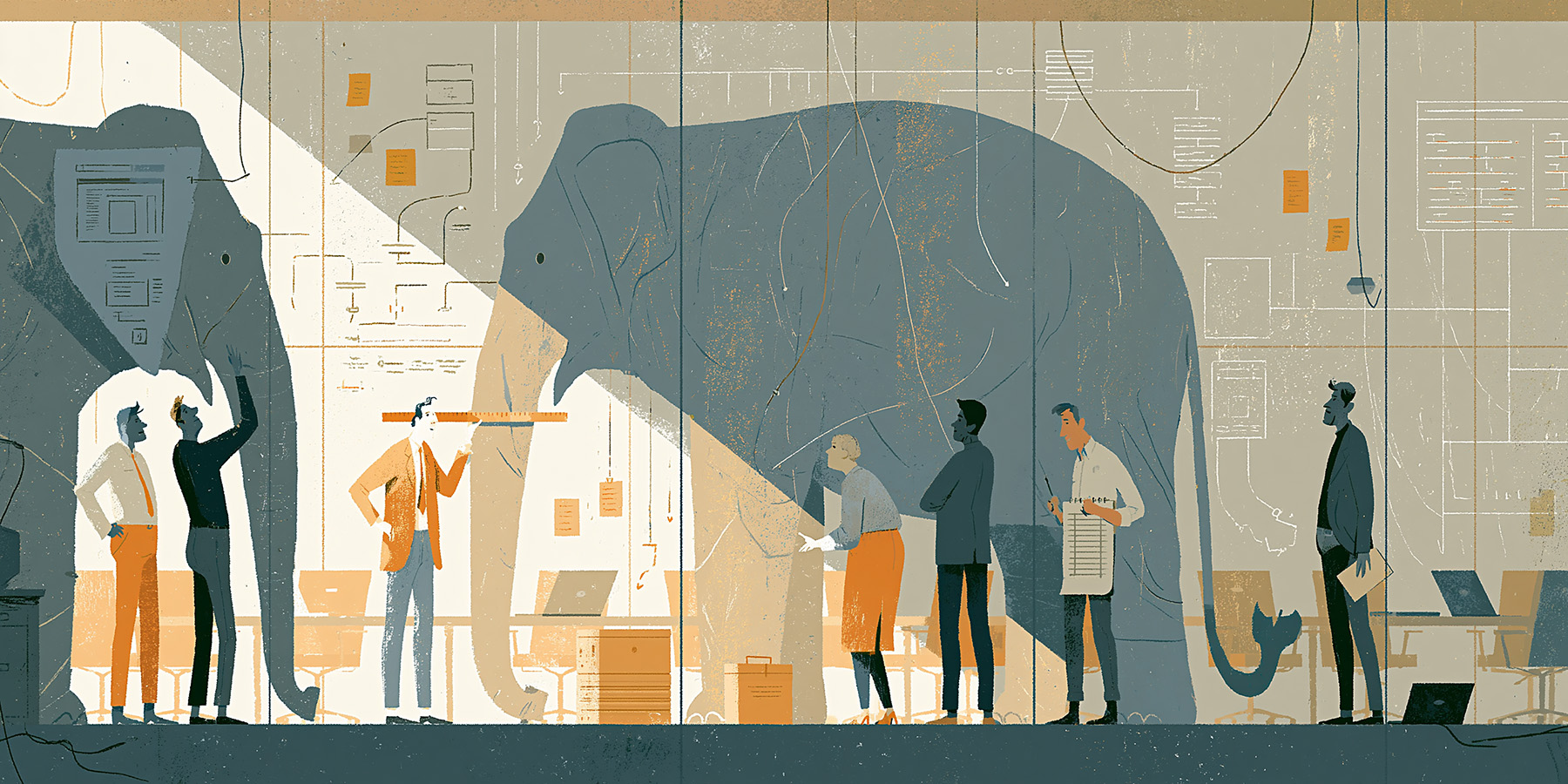Professionals examining different parts of an elephant while a consultant observes the larger pattern.